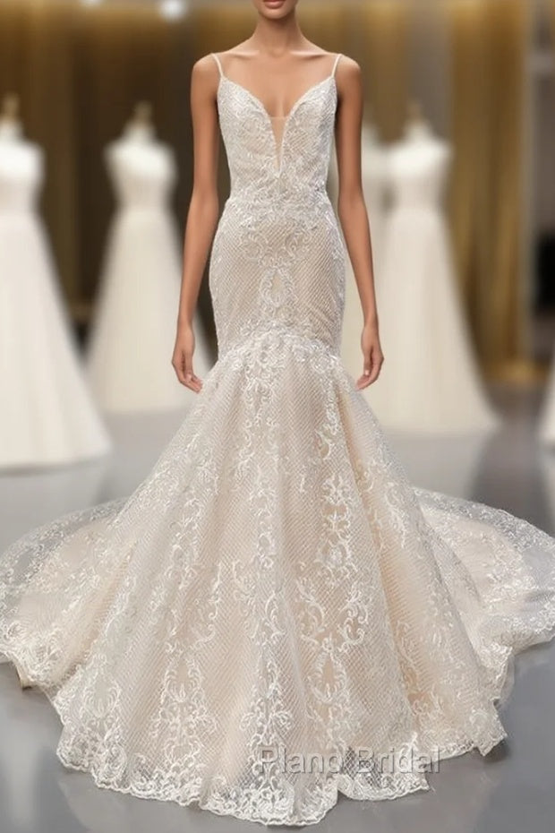 Champagne Mermaid Tulle Lace Spaghetti Straps Wedding Dresses Main image