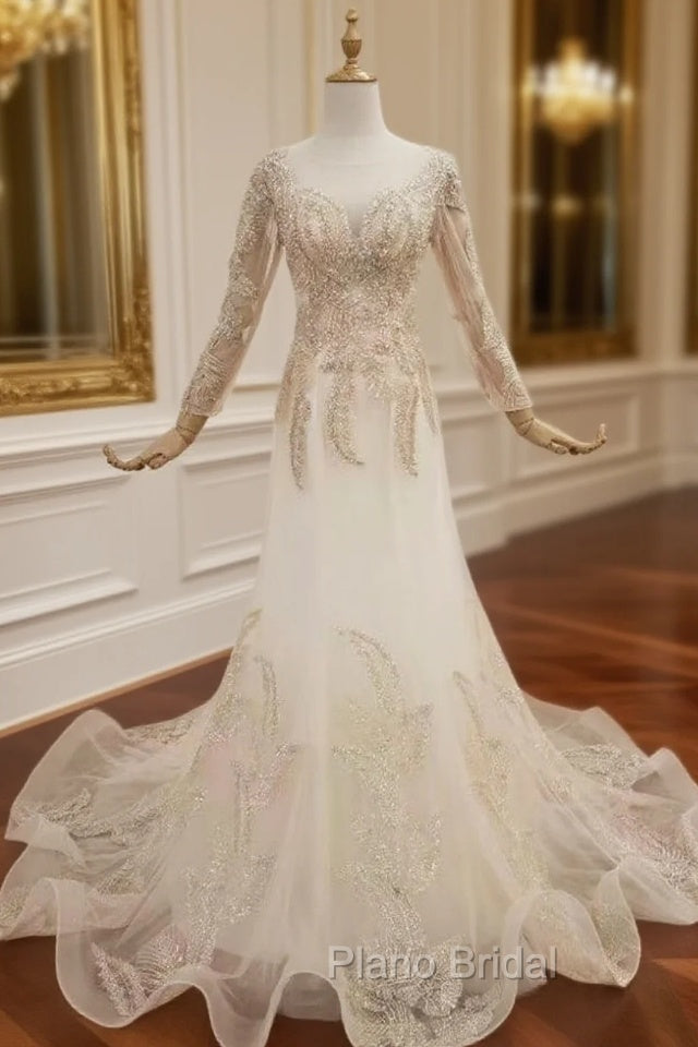 Champagne Mermaid Tulle Long Sleeve Formal Prom Dresses With Beading Main image