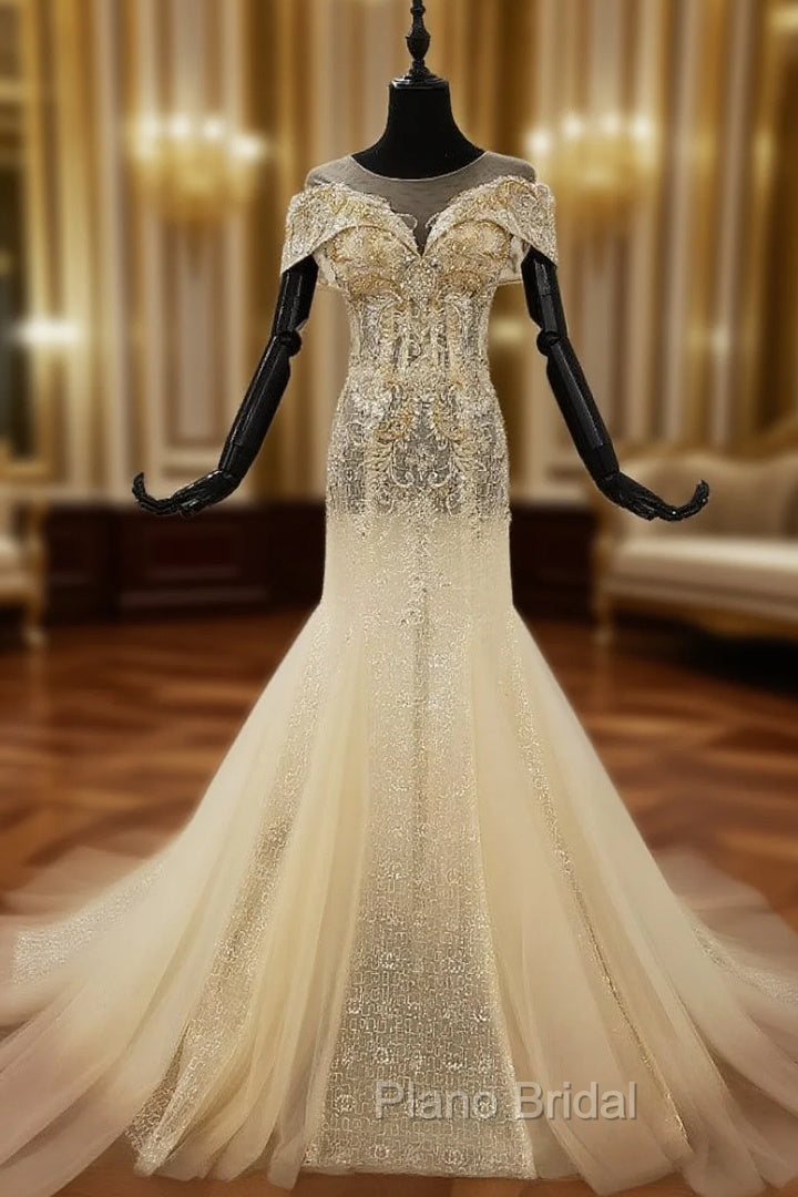 Champagne Mermaid Tulle Sequins Cap Sleeve Beading Crystal Wedding Dresses Main image