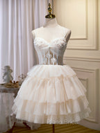Champagne Mini/Short Formal Prom Dresses, Puffy Cute Homecoming Dresses With Lace