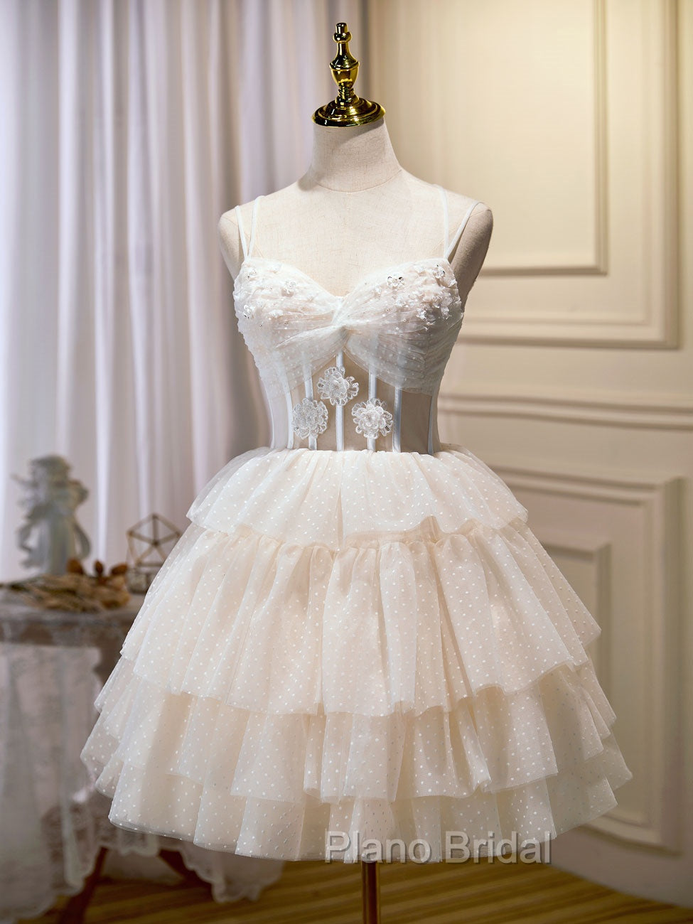 Champagne Mini/Short Formal Prom Dresses, Puffy Cute Homecoming Dresses With Lace