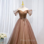 Champagne Off Shoulder Beaded A-line Tulle Long Party Dresses, Long Evening Gown