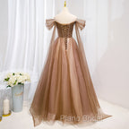 Champagne Off Shoulder Beaded A-line Tulle Long Party Dresses, Long Evening Gown
