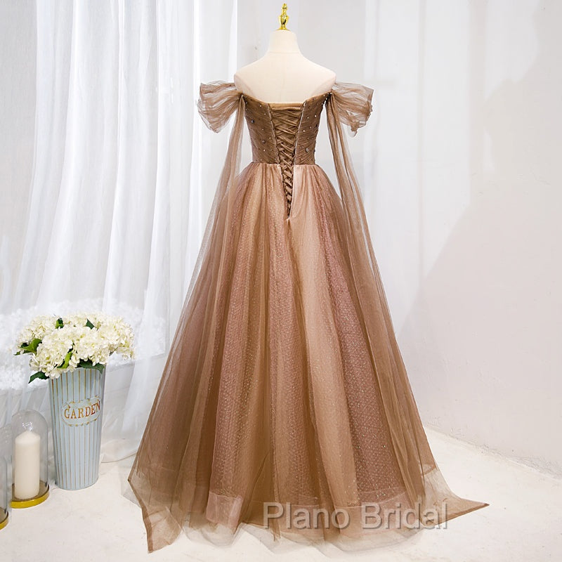 Champagne Off Shoulder Beaded A-line Tulle Long Party Dresses, Long Evening Gown