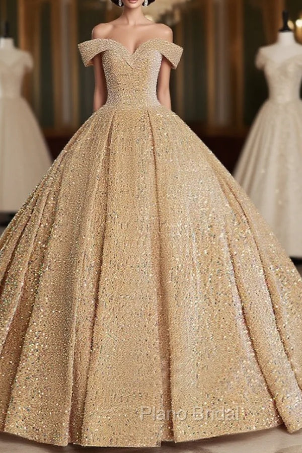 Champagne Off Shoulder Sequin Long Formal Prom Dresses, Champagne Formal Dresses