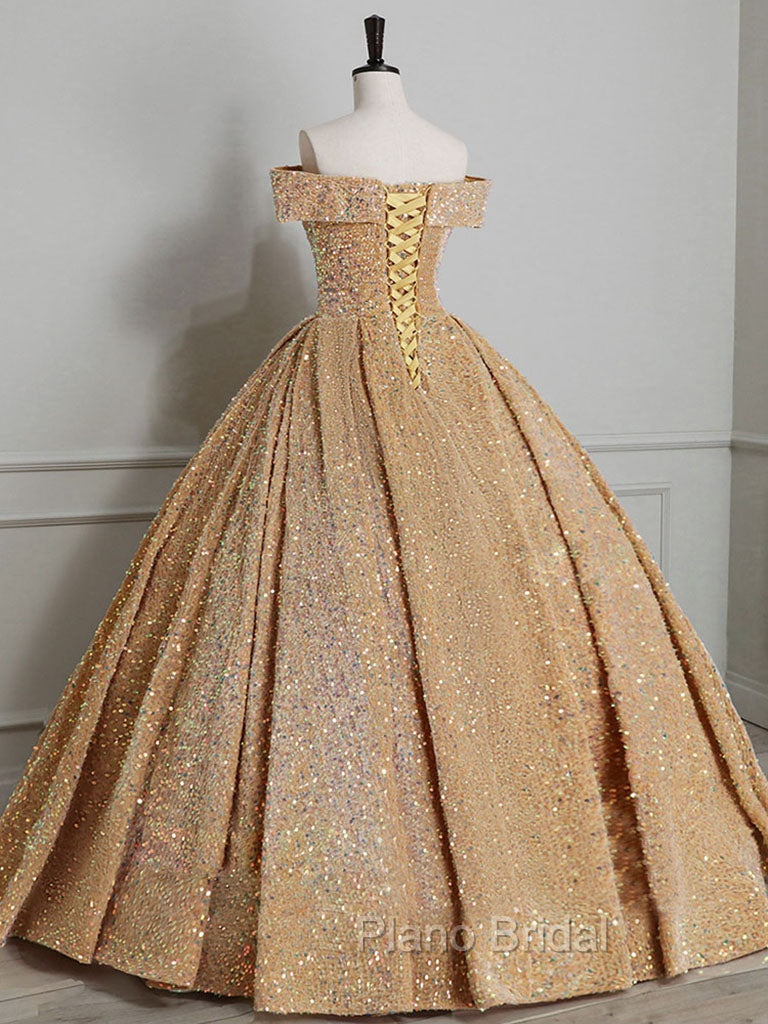 Champagne Off Shoulder Sequin Long Formal Prom Dresses, Champagne Formal Dresses