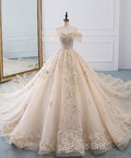Champagne Off Shoulder Tulle Lace Long Wedding Dresses, Wedding Gown Formal Prom Dresses