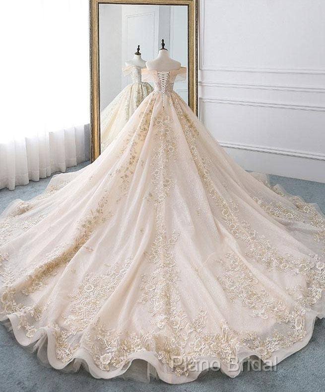 Champagne Off Shoulder Tulle Lace Long Wedding Dresses, Wedding Gown Formal Prom Dresses