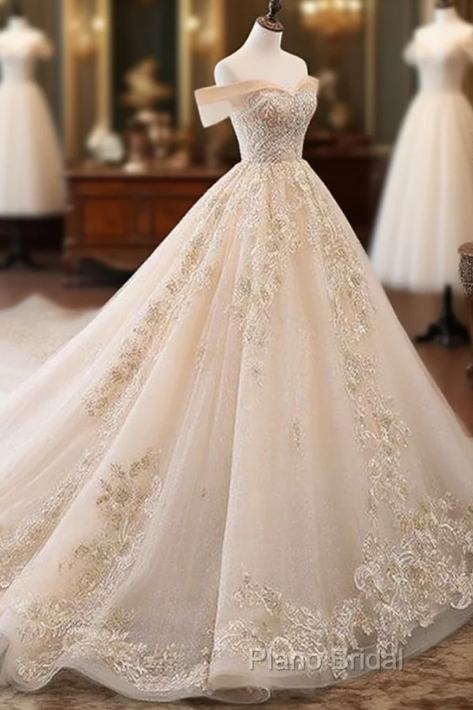 Champagne Off Shoulder Tulle Lace Long Wedding Dresses, Wedding Gown Formal Prom Dresses Main image