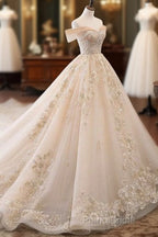 Champagne Off Shoulder Tulle Lace Long Wedding Dresses, Wedding Gown Formal Prom Dresses