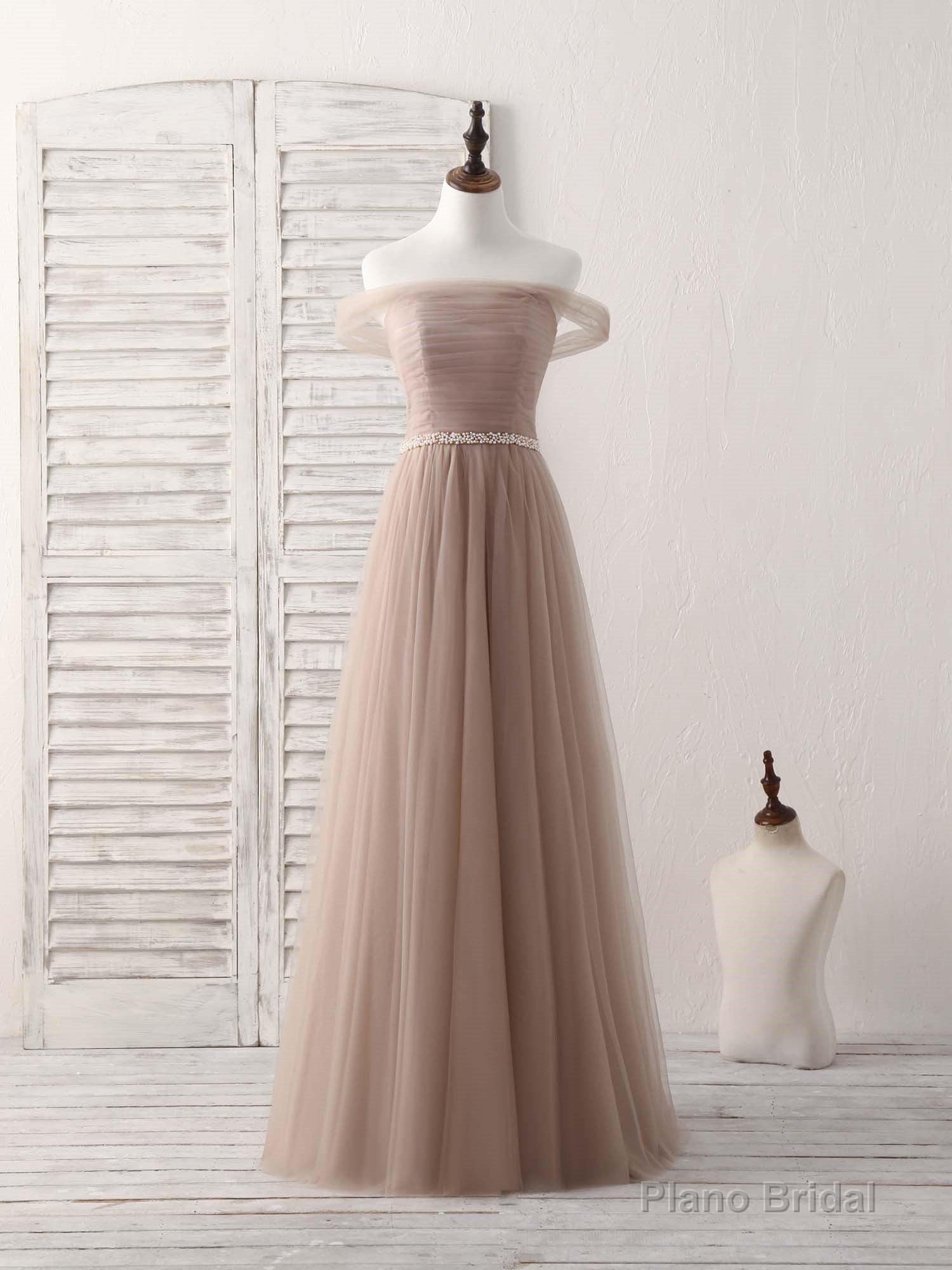 Champagne Off Shoulder Tulle Long Prom Dress, Champagne Evening Dress Main image