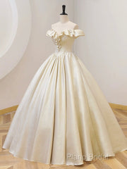 Champagne Off The Shoulder Floor Length Formal Prom Dresses, Elegant A-Line Formal Party Dresses