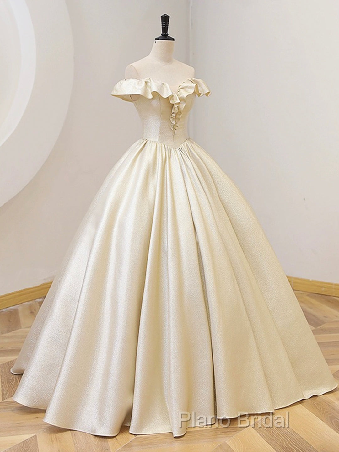 Champagne Off The Shoulder Floor Length Formal Prom Dresses, Elegant A-Line Formal Party Dresses