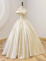 Champagne Off The Shoulder Floor Length Formal Prom Dresses, Elegant A-Line Formal Party Dresses
