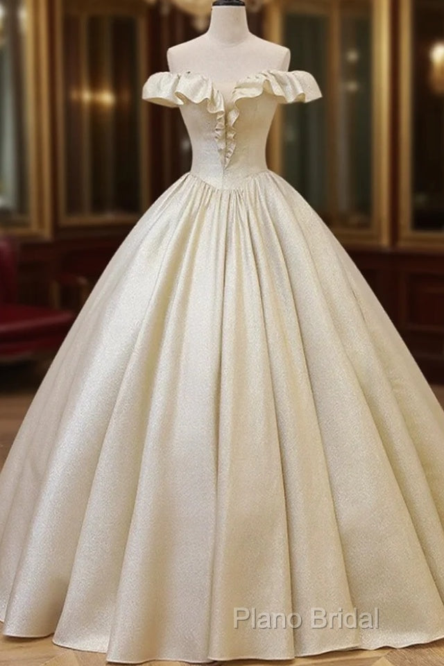 Champagne Off The Shoulder Floor Length Formal Prom Dresses, Elegant A-Line Formal Party Dresses Main image