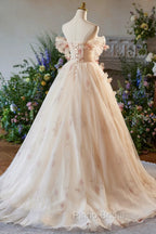 Champagne Off the Shoulder Tulle Floral Floor Length Long Formal Prom Dresses