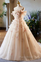 Champagne Off the Shoulder Tulle Floral Floor Length Long Formal Prom Dresses