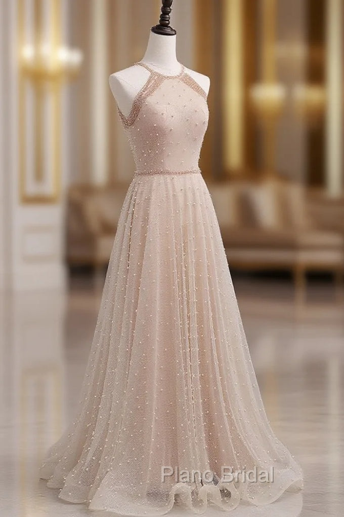 Champagne Pink Long Formal Prom Dresses, A Line Tulle Formal Dresses Graduation Dresses Main image