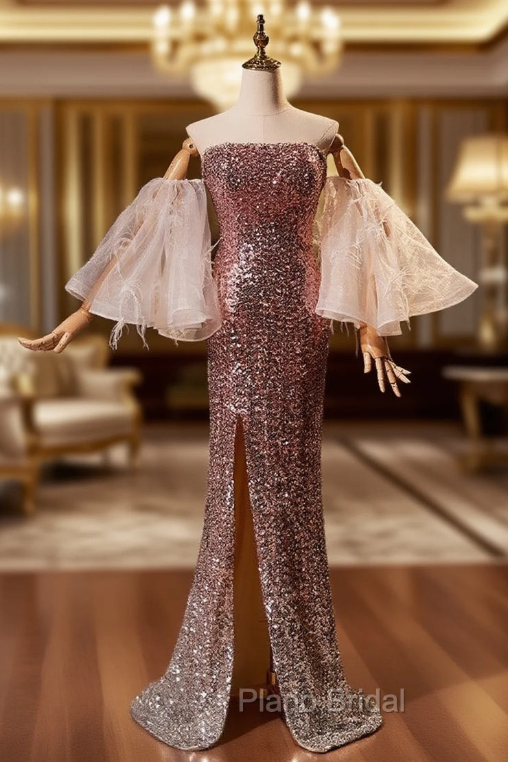Champagne Pink Sequins Mermaid Strapless Formal Prom Dresses Main image
