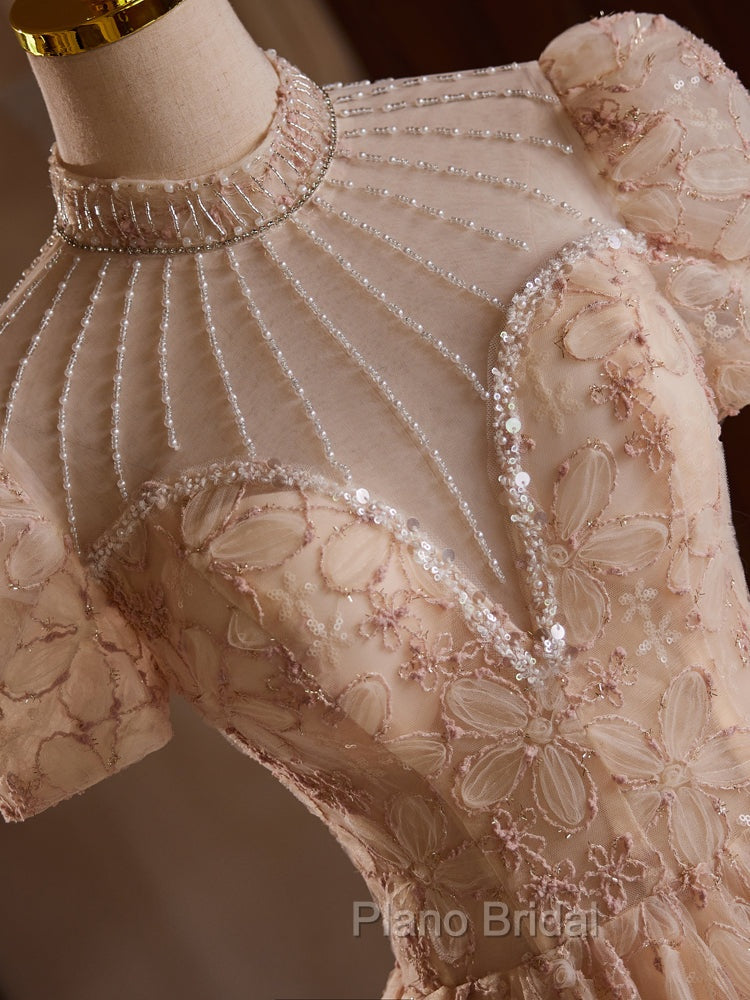 Champagne Pink Tulle Lace Tea Length Formal Prom Dresses with Beads