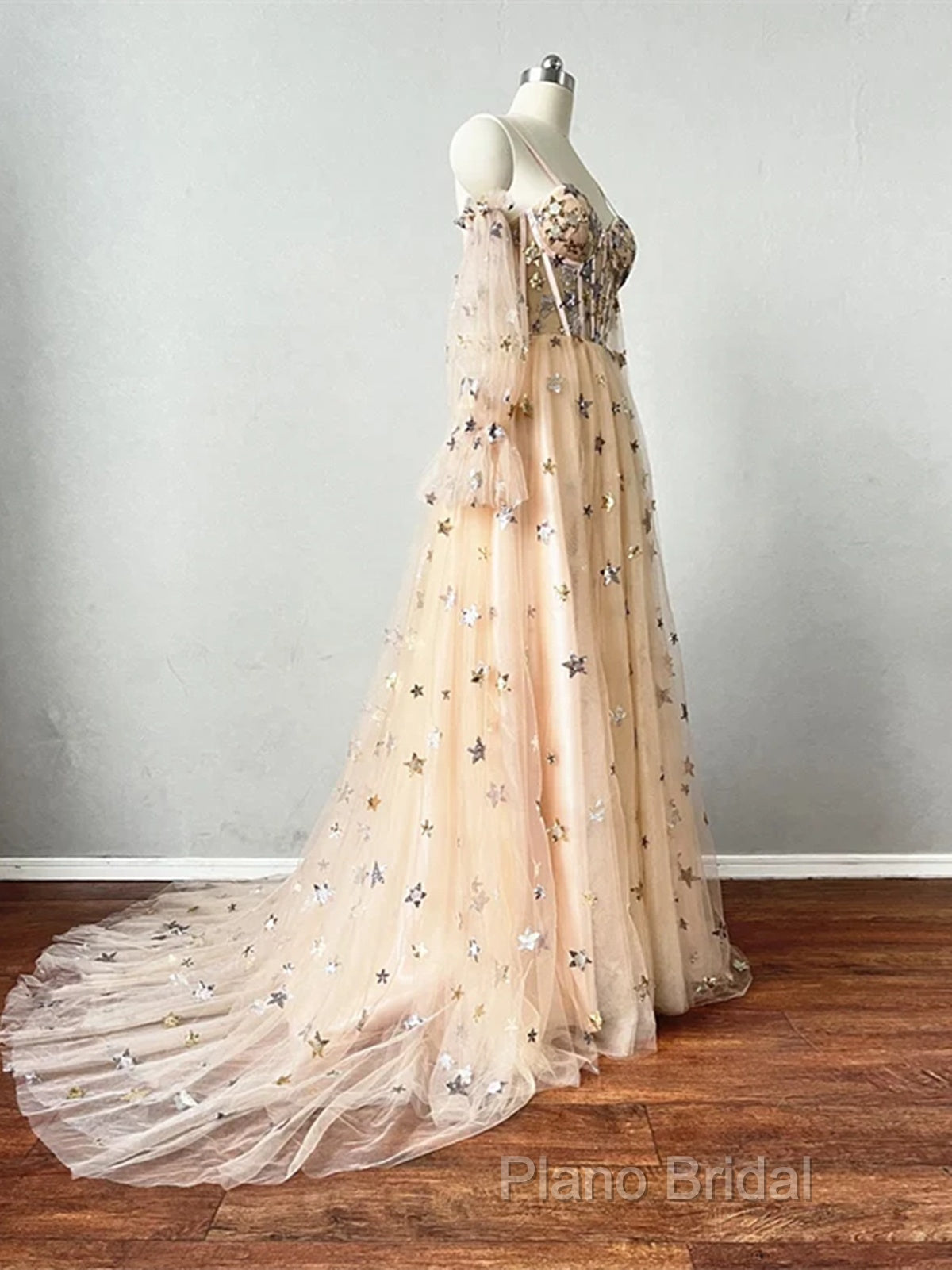 Champagne Puffy Sleeves Tulle Long Formal Dresses, Champagne Party Dresses Formal Prom Dresses Secondary image