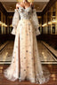 Champagne Puffy Sleeves Tulle Long Formal Dresses, Champagne Party Dresses Formal Prom Dresses