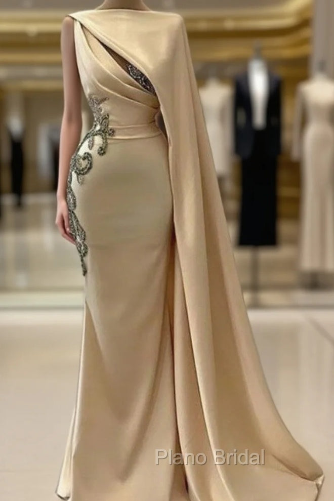 Champagne Robe De Soiree Sheath Floor Length Satin Beaded Long Formal Prom Dresses Formal Prom Gown Evening Dresses Main image