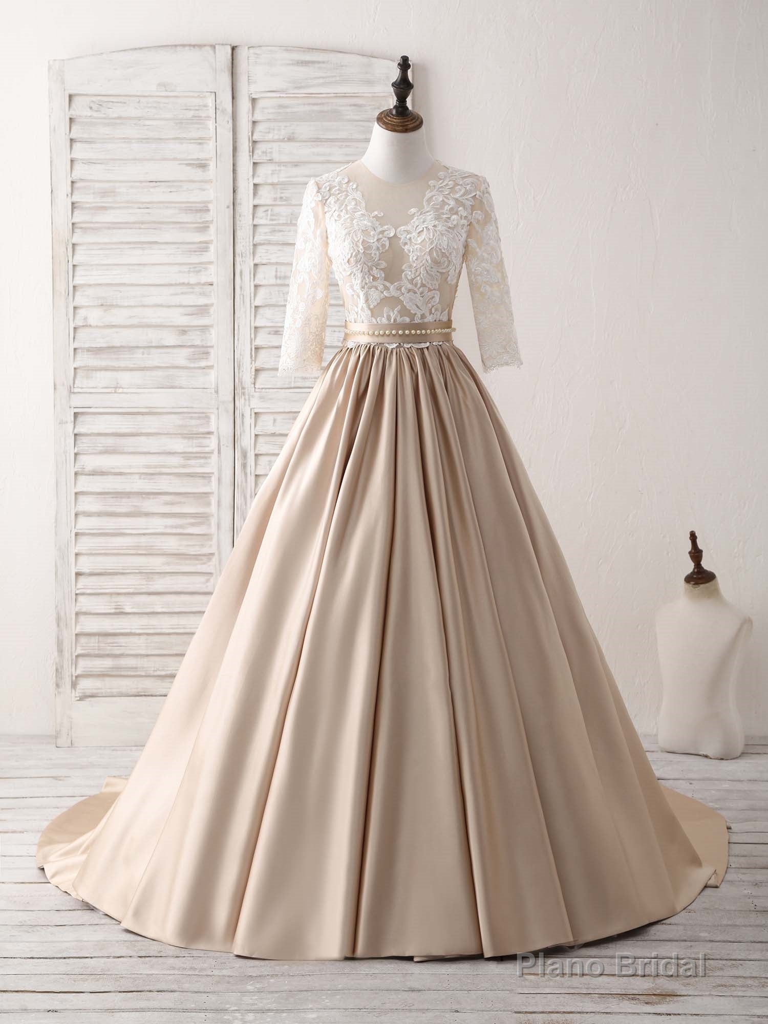 Champagne Round Neck Satin Lace Long Prom Dress, Evening Dress Secondary image