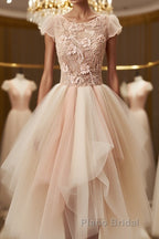 Champagne round neck tulle beads short Formal Prom dress, homecoming dress