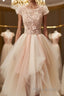 Champagne round neck tulle beads short Formal Prom dress, homecoming dress