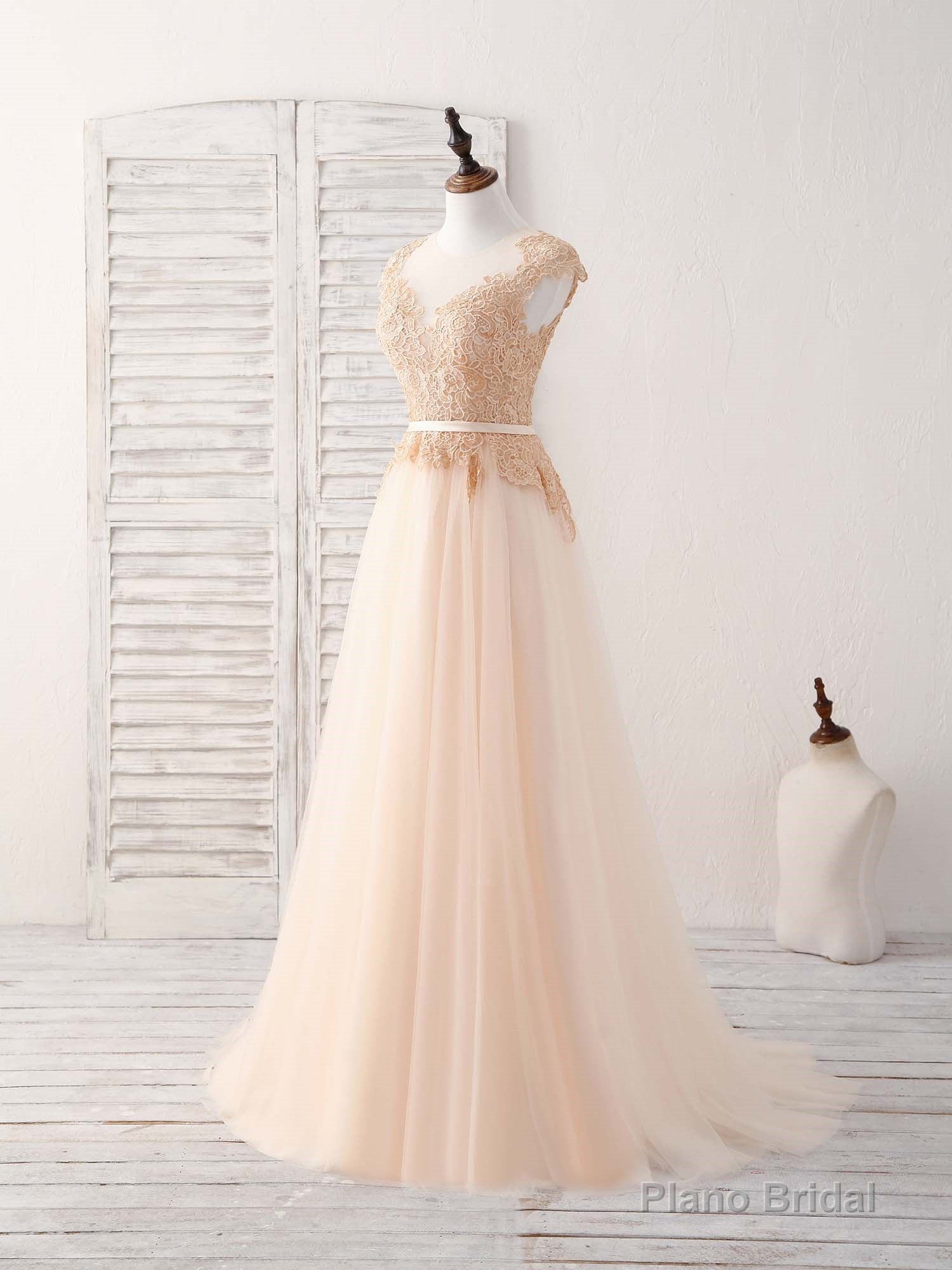 Champagne Round Neck Tulle Lace Applique Long Prom Dress Secondary image