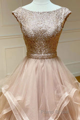 Champagne round neck tulle lace long Formal Prom dress evening dress