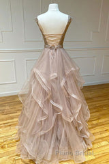 Champagne round neck tulle lace long Formal Prom dress evening dress