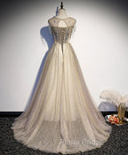 Champagne Round Neck Tulle Sequin Long Formal Prom Dresses Tulle Formal Dresses