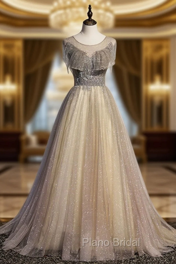Champagne Round Neck Tulle Sequin Long Formal Prom Dresses Tulle Formal Dresses Main image