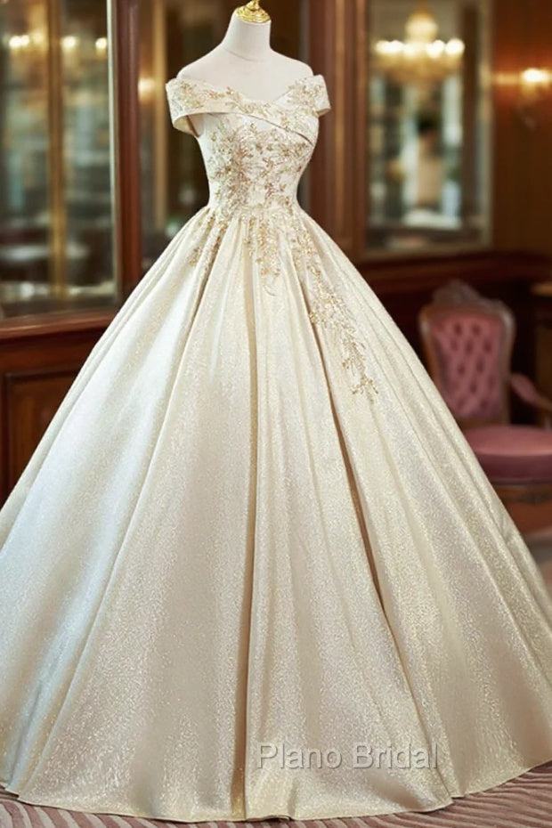 Champagne Satin Long Formal Prom Dresses with Beaded, V-Neck Evening Party Dresses