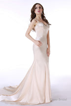 Champagne Satin Mermaid Spaghetti Straps Prom Dresses With Beading
