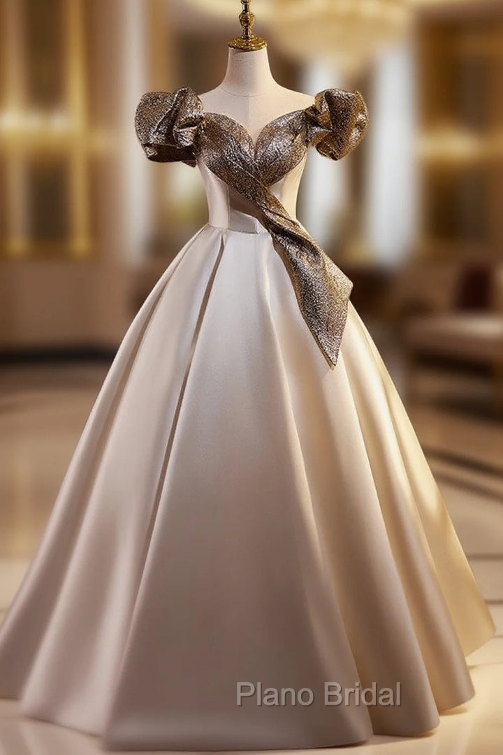 Champagne Satin Off the Shoulder Puff Sleeve Formal Prom Dresses Main image