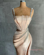 Champagne Satin Straps Beading Mermaid Formal Prom Dresses