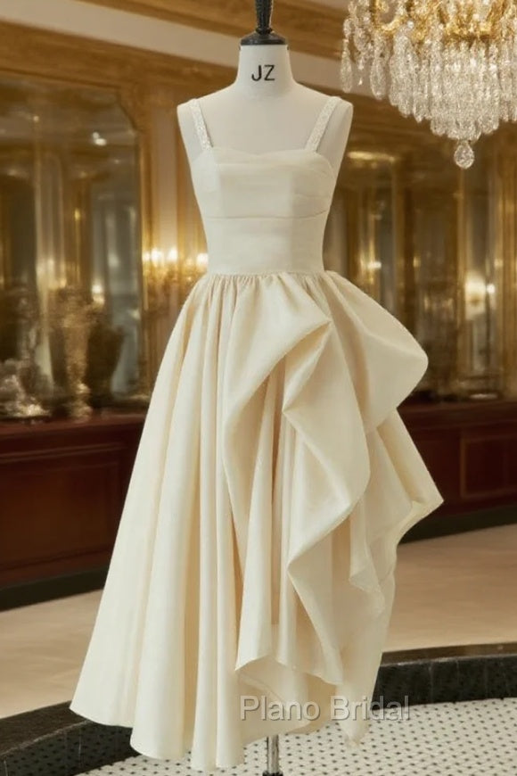 Champagne Satin Straps Tea Length Wedding Dresses Main image