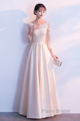 Champagne Satin With Lace Long Sleeves Formal Prom Dresses Evening Dresses, A-Line Simple Bridesmaid Dresses