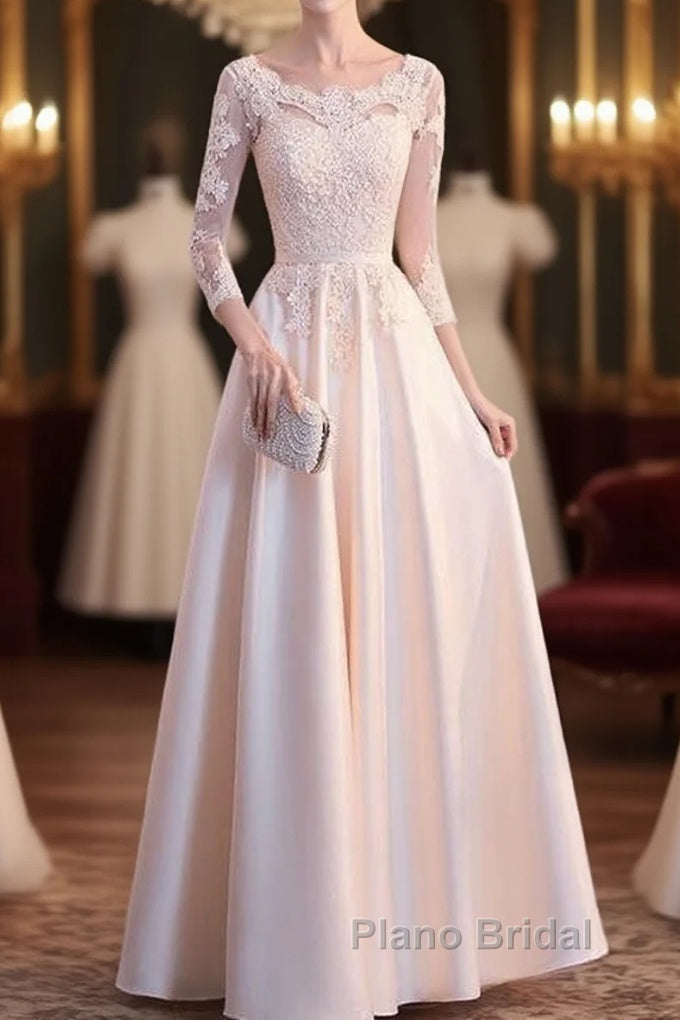 Champagne Satin With Lace Long Sleeves Formal Prom Dresses Evening Dresses, A-Line Simple Bridesmaid Dresses Main image