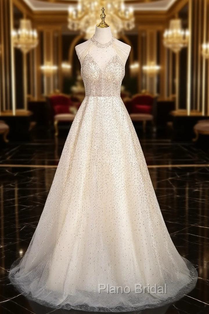 Champagne Sequins Backless Beading Formal Prom Dresses