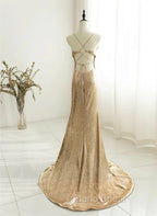 Champagne Sequins Long Formal Prom Dresses, Sequins Champagne Formal Dresses