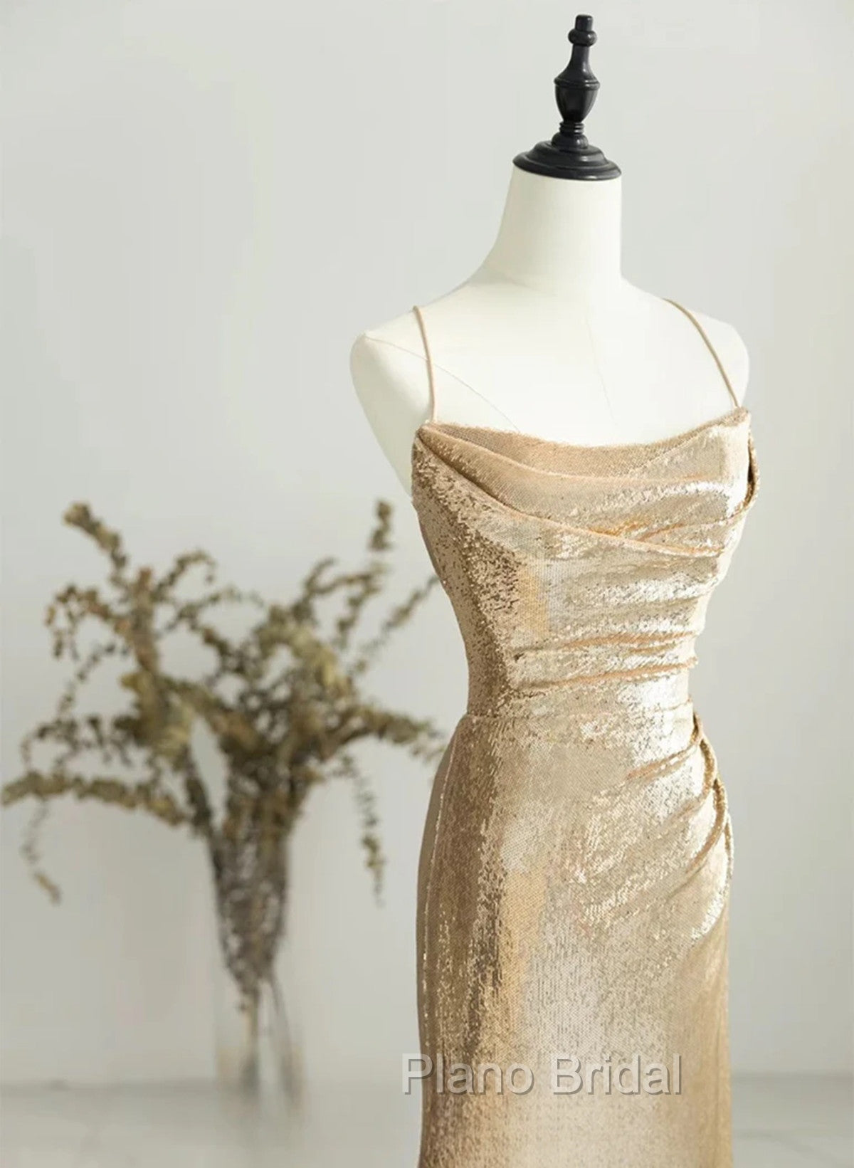 Champagne Sequins Long Formal Prom Dresses, Sequins Champagne Formal Dresses