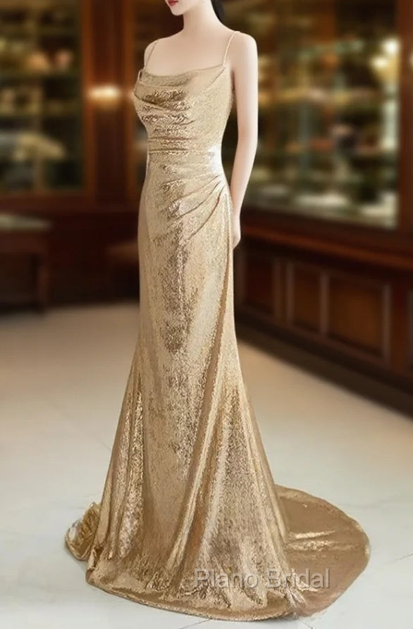 Champagne Sequins Long Formal Prom Dresses, Sequins Champagne Formal Dresses