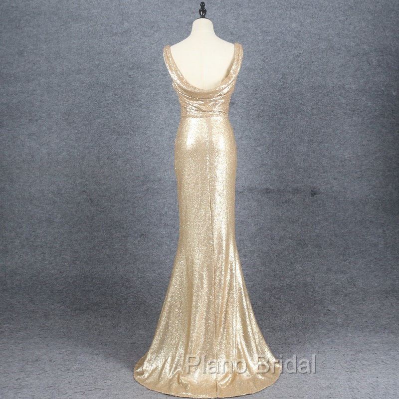 Champagne Sequins Low Back Long Bridesmaid Dresses, Mermaid Formal Prom Dresses Party Dresses