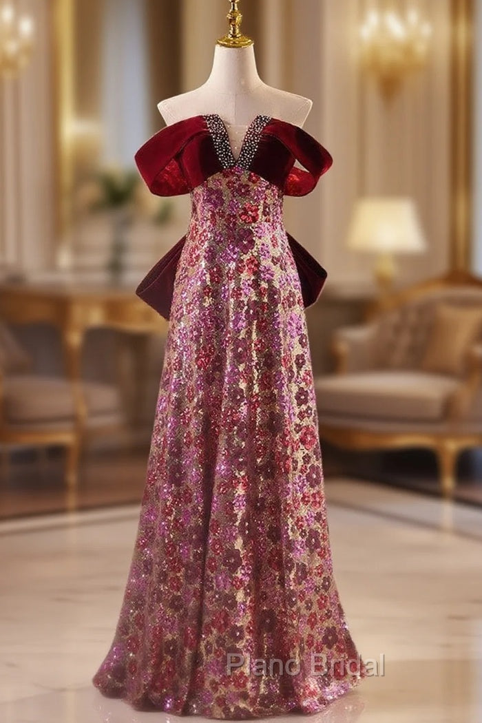 Champagne Sequins Off the Shoulder Formal Prom Dresses