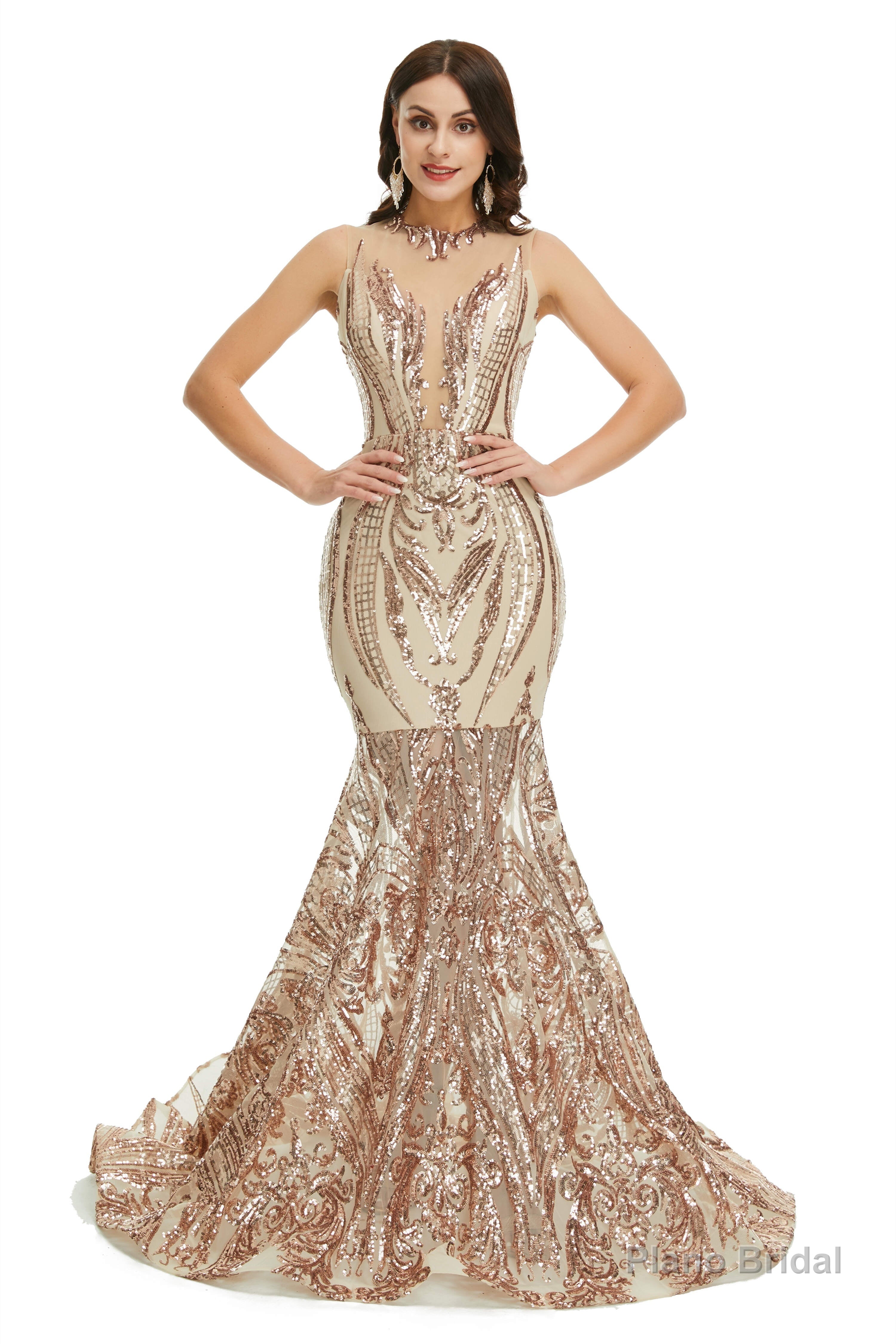 Sequins Sleeveless Floor Length Crew Neck Prom Dresses