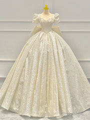 Champagne Sequins Square Puff Sleeve Beading Wedding Dress